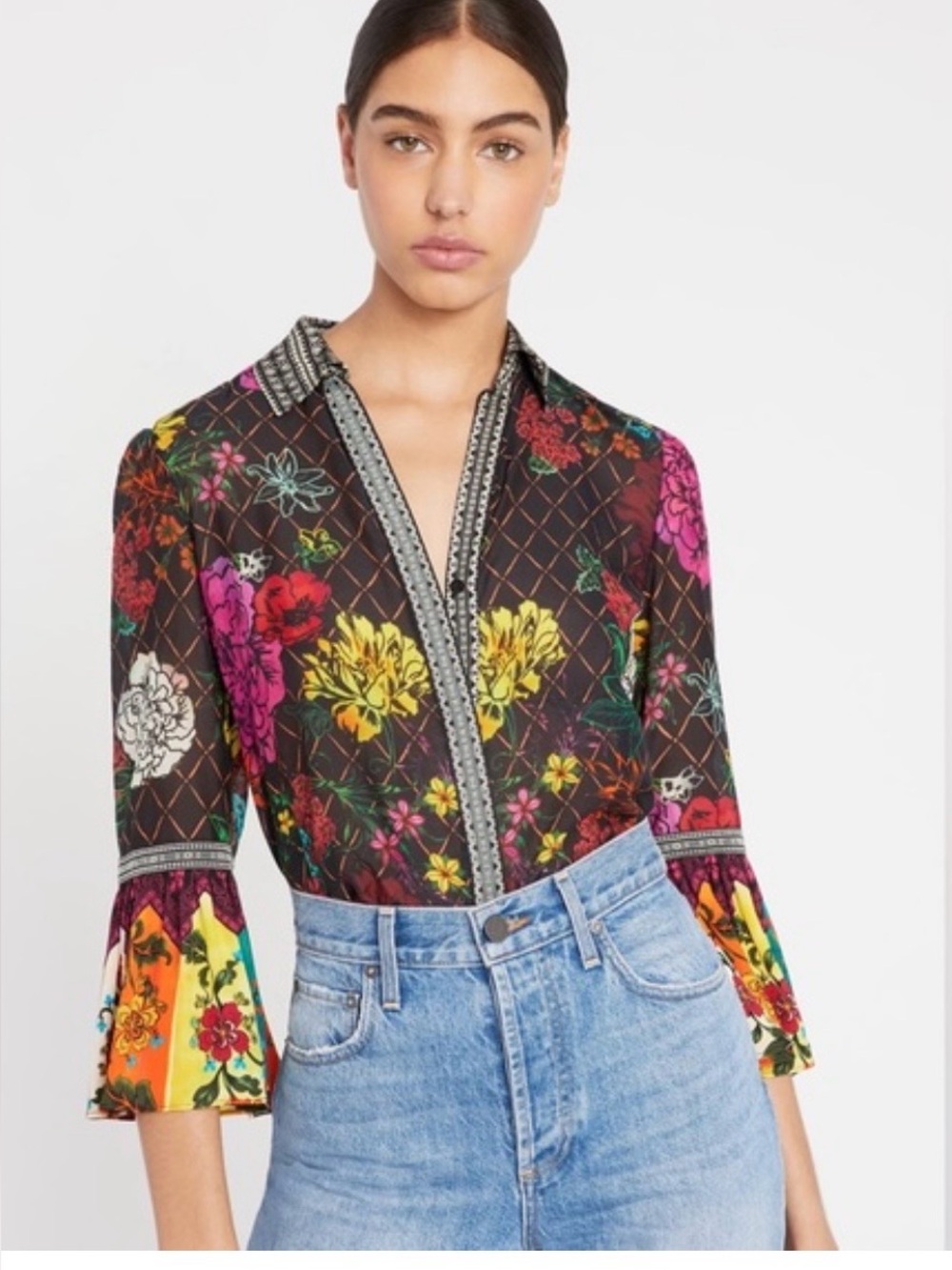 Alice + Olivia Rivera Floral & Diamond Silk-Blend Bell Sleeve Blouse Size Small